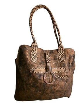 Vtg Y2K Marc Chantal Cheetah Print Rhinestone Croc Embossed Shoulder Bag EUC